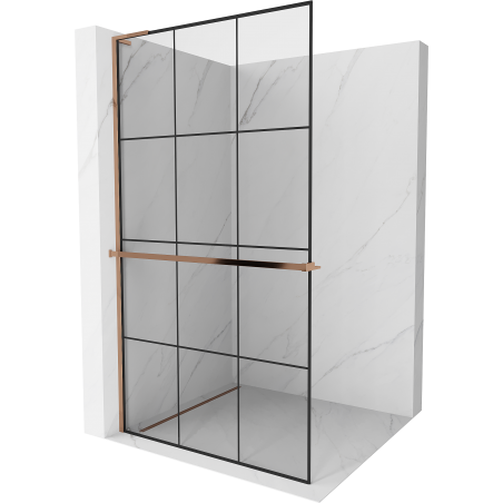 Mexen Kioto+ L ścianka prysznicowa z półką Walk-in 100 x 200 cm, czarna kratka, różowe złoto - 800-100-123-60-77