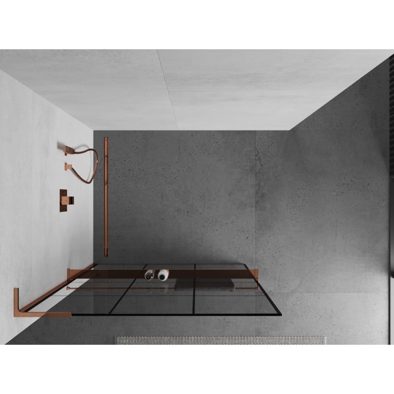Mexen Kioto+ L ścianka prysznicowa z półką Walk-in 110 x 200 cm, czarna kratka, różowe złoto - 800-110-123-60-77
