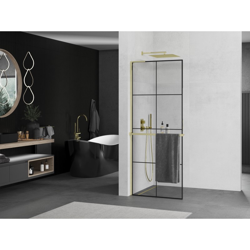 Mexen Kioto+ L ścianka prysznicowa z półką Walk-in 70 x 200 cm, czarna kratka , złota - 800-070-123-50-77
