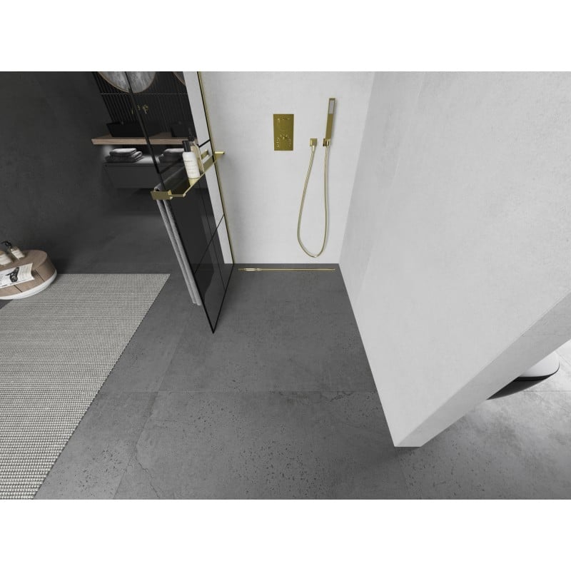 Mexen Kioto+ L ścianka prysznicowa z półką Walk-in 70 x 200 cm, czarna kratka , złota - 800-070-123-50-77