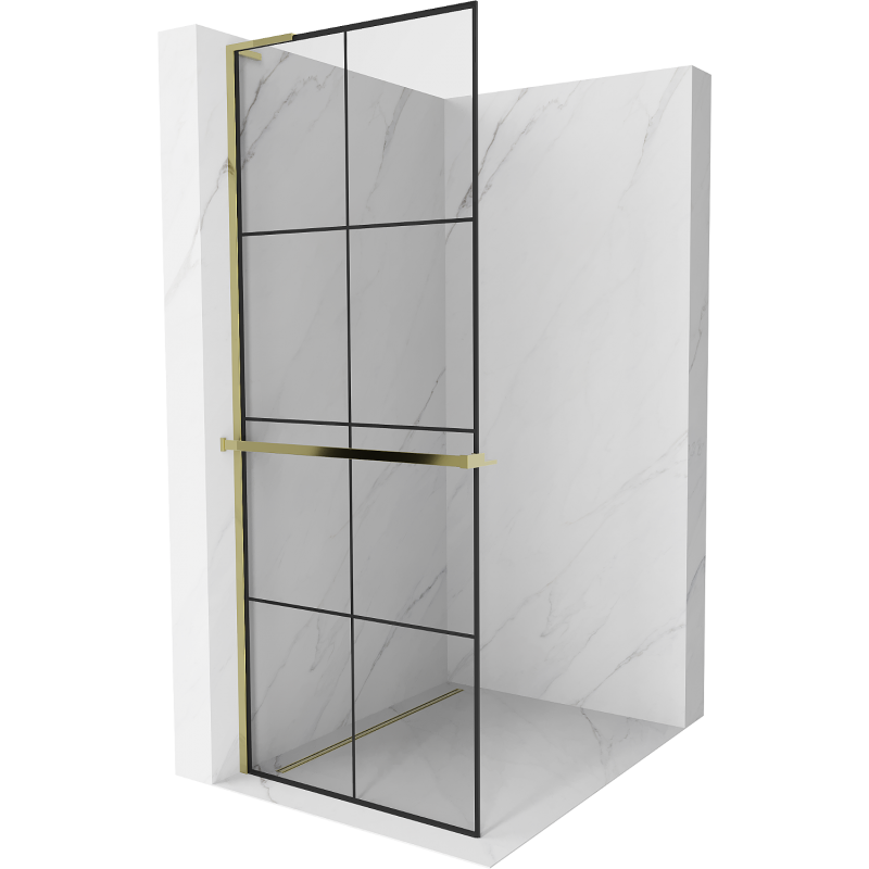 Mexen Kioto+ L ścianka prysznicowa z półką Walk-in 70 x 200 cm, czarna kratka , złota - 800-070-123-50-77