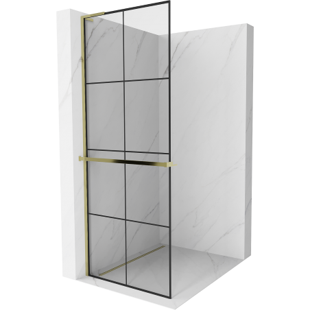 Mexen Kioto+ L ścianka prysznicowa z półką Walk-in 70 x 200 cm, czarna kratka , złota - 800-070-123-50-77