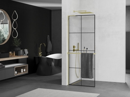 Mexen Kioto+ L ścianka prysznicowa z półką Walk-in 80 x 200 cm, czarna kratka, złota - 800-080-123-50-77
