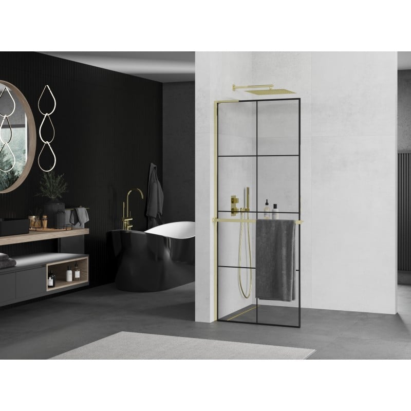 Mexen Kioto+ L ścianka prysznicowa z półką Walk-in 90 x 200 cm, czarna kratka, złota - 800-090-123-50-77
