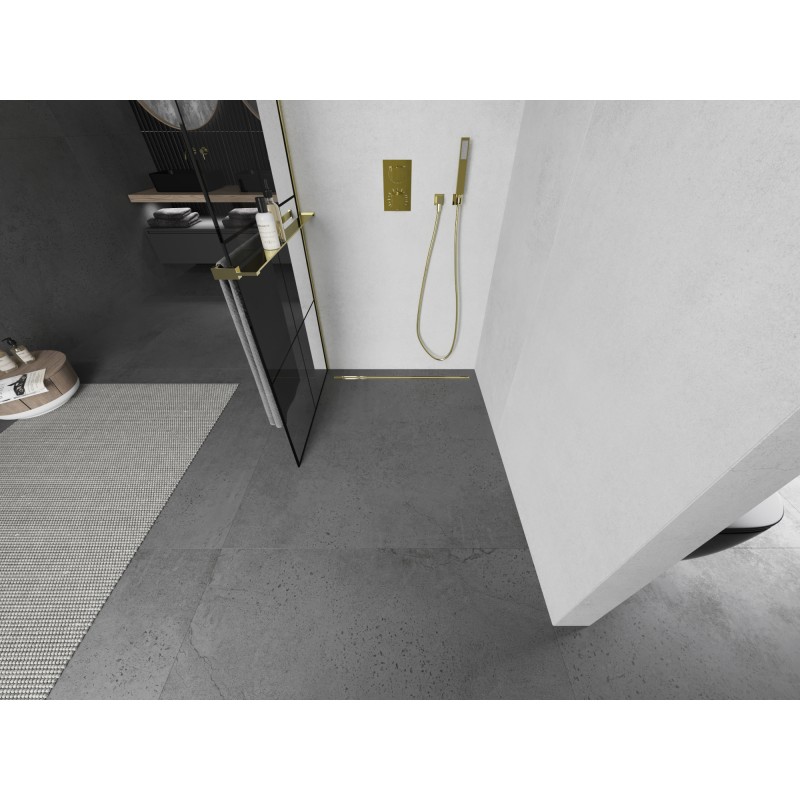 Mexen Kioto+ L ścianka prysznicowa z półką Walk-in 90 x 200 cm, czarna kratka, złota - 800-090-123-50-77