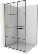 Mexen Kioto+ L ścianka prysznicowa z półką Walk-in 100 x 200 cm, czarna kratka, złota - 800-100-123-50-77
