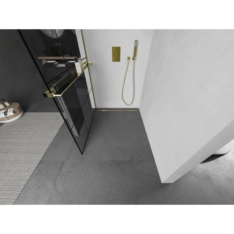 Mexen Kioto+ L ścianka prysznicowa z półką Walk-in 120 x 200 cm, czarna kratka, złota - 800-120-123-50-77