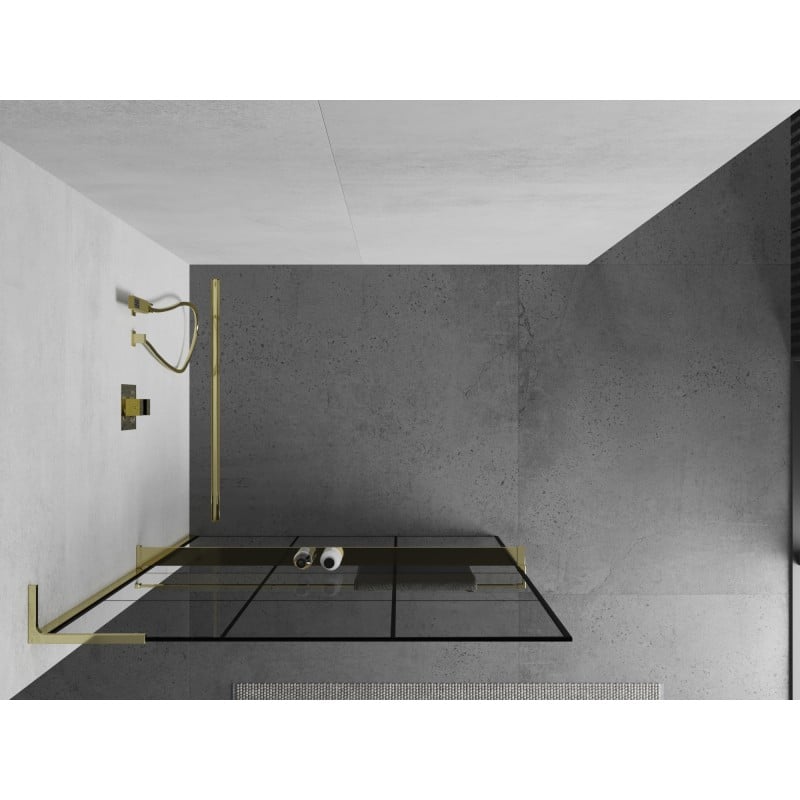 Mexen Kioto+ L ścianka prysznicowa z półką Walk-in 120 x 200 cm, czarna kratka, złota - 800-120-123-50-77
