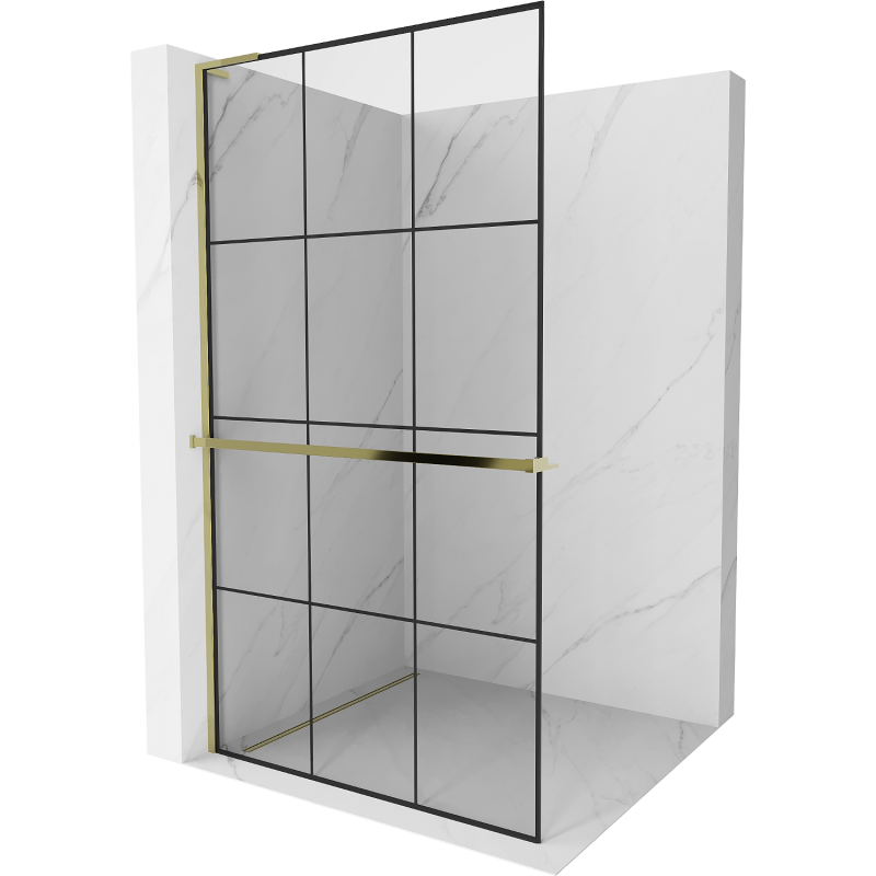 Mexen Kioto+ L ścianka prysznicowa z półką Walk-in 120 x 200 cm, czarna kratka, złota - 800-120-123-50-77