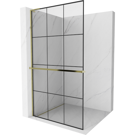 Mexen Kioto+ L ścianka prysznicowa z półką Walk-in 120 x 200 cm, czarna kratka, złota - 800-120-123-50-77