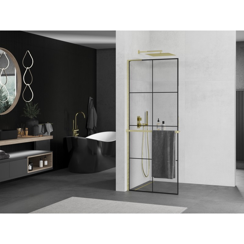 Mexen Kioto+ L ścianka prysznicowa z półką Walk-in 70 x 200 cm, czarna kratka, złota szczotkowana - 800-070-123-55-77