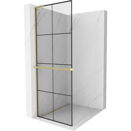 Mexen Kioto+ L ścianka prysznicowa z półką Walk-in 70 x 200 cm, czarna kratka, złota szczotkowana - 800-070-123-55-77