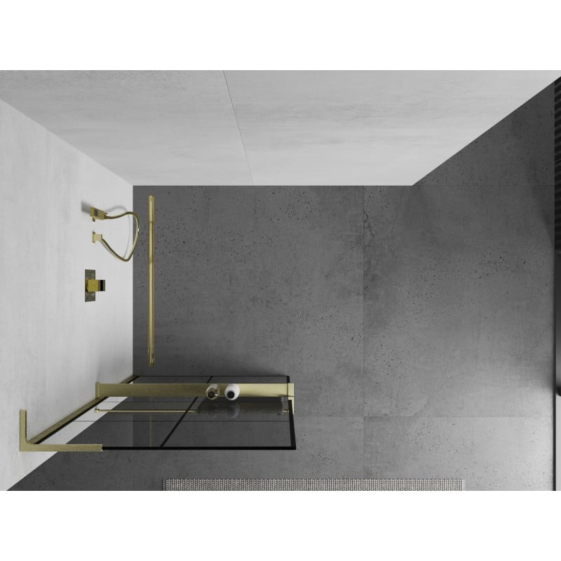 Mexen Kioto+ L ścianka prysznicowa z półką Walk-in 80 x 200 cm, czarna kratka, złota szczotkowana - 800-080-123-55-77