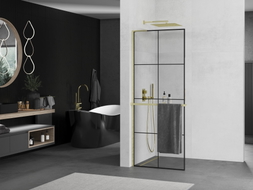 Mexen Kioto+ L ścianka prysznicowa z półką Walk-in 90 x 200 cm, czarna kratka, złota szczotkowana - 800-090-123-55-77