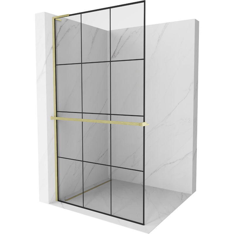Mexen Kioto+ L ścianka prysznicowa z półką Walk-in 100 x 200 cm, czarna kratka, złota szczotkowana - 800-100-123-55-77