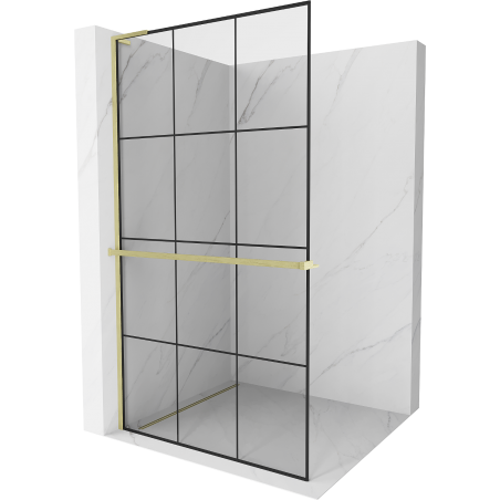 Mexen Kioto+ L ścianka prysznicowa z półką Walk-in 100 x 200 cm, czarna kratka, złota szczotkowana - 800-100-123-55-77