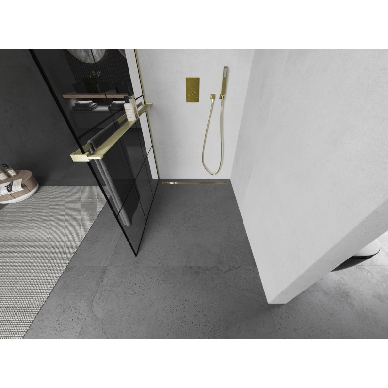 Mexen Kioto+ L ścianka prysznicowa z półką Walk-in 110 x 200 cm, czarna kratka, złota szczotkowana - 800-110-123-55-77