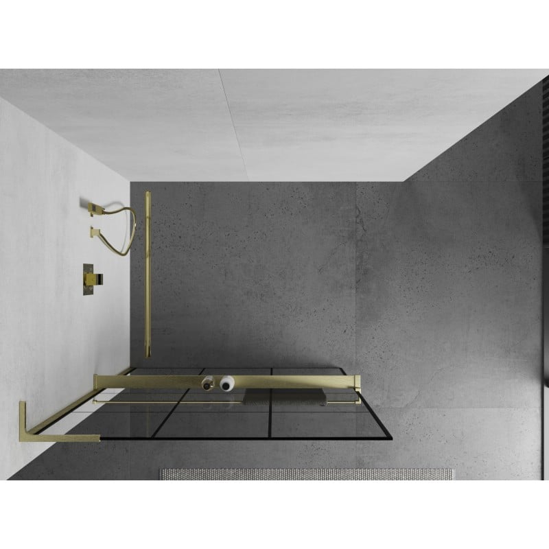 Mexen Kioto+ L ścianka prysznicowa z półką Walk-in 120 x 200 cm, czarna kratka, złota szczotkowana - 800-120-123-55-77