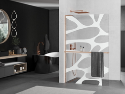 Mexen Kioto+ L ścianka prysznicowa z półką Walk-in 90 x 200 cm, biała fala, miedź szczotkowana - 800-090-123-65-97