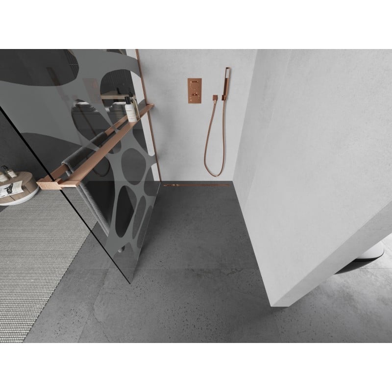 Mexen Kioto+ L ścianka prysznicowa z półką Walk-in 100 x 200 cm, biała fala, miedź szczotkowana - 800-100-123-65-97
