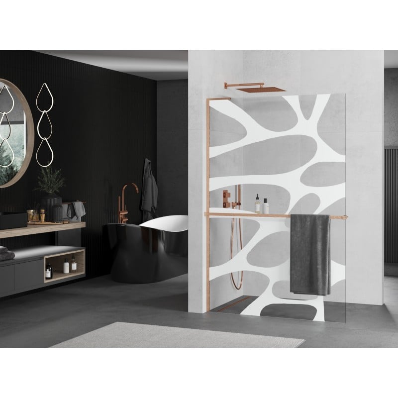 Mexen Kioto+ L ścianka prysznicowa z półką Walk-in 100 x 200 cm, biała fala, miedź szczotkowana - 800-100-123-65-97