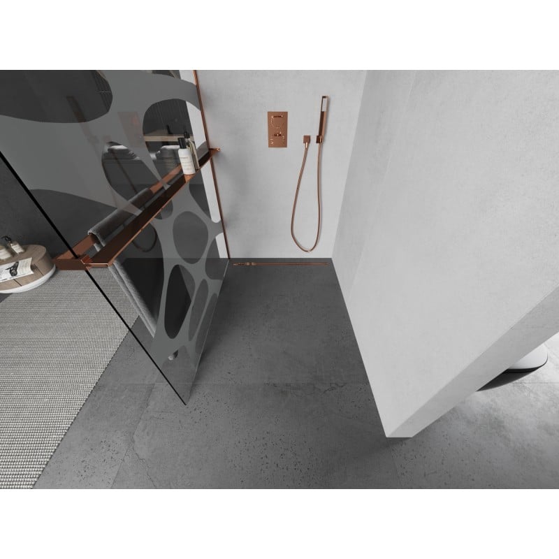 Mexen Kioto+ L ścianka prysznicowa z półką Walk-in 90 x 200 cm, biała fala, różowe złoto - 800-090-123-60-97