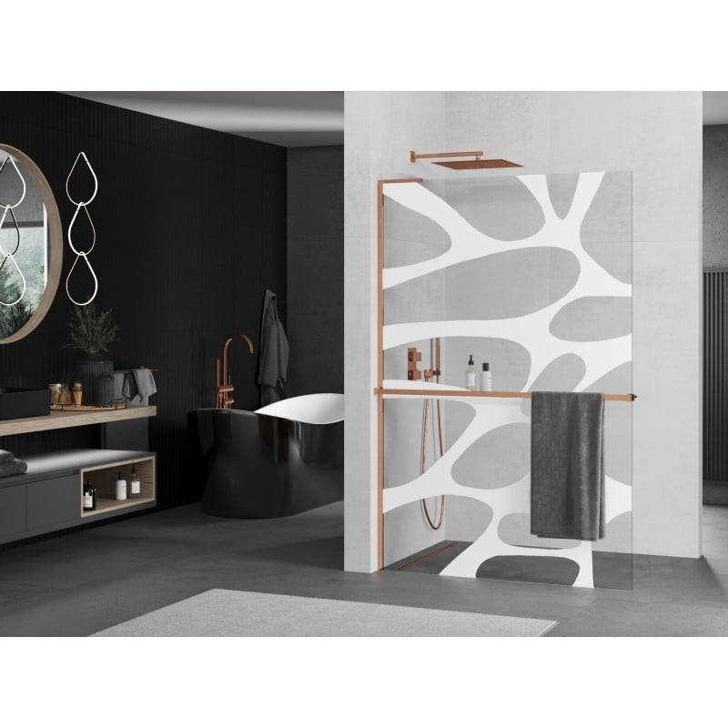 Mexen Kioto+ L ścianka prysznicowa z półką Walk-in 90 x 200 cm, biała fala, różowe złoto - 800-090-123-60-97