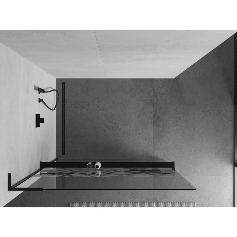 Mexen Kioto+ L ścianka prysznicowa z półką Walk-in 120 x 200 cm, biały wzór, czarna - 800-120-123-70-85