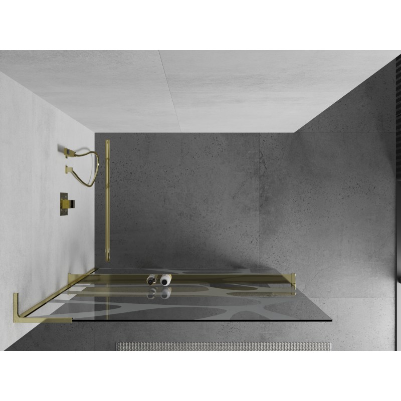 Mexen Kioto+ L ścianka prysznicowa z półką Walk-in 90 x 200 cm, biała fala, złota - 800-090-123-50-97
