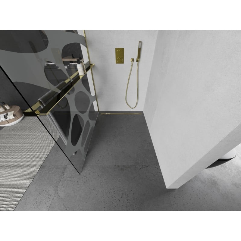 Mexen Kioto+ L ścianka prysznicowa z półką Walk-in 100 x 200 cm, biała fala, złota - 800-100-123-50-97