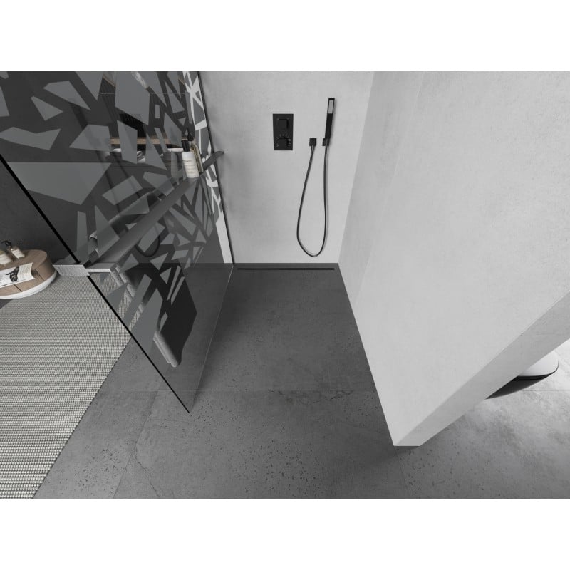 Mexen Kioto+ L ścianka prysznicowa z półką Walk-in 90 x 200 cm, biały wzór, gun gray szczotkowany - 800-090-123-66-85