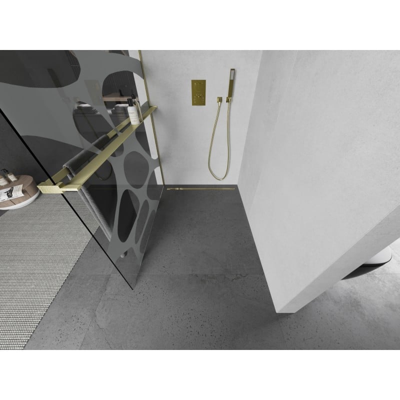 Mexen Kioto+ L ścianka prysznicowa z półką Walk-in 70 x 200 cm, biała fala, złota szczotkowana - 800-070-123-55-97
