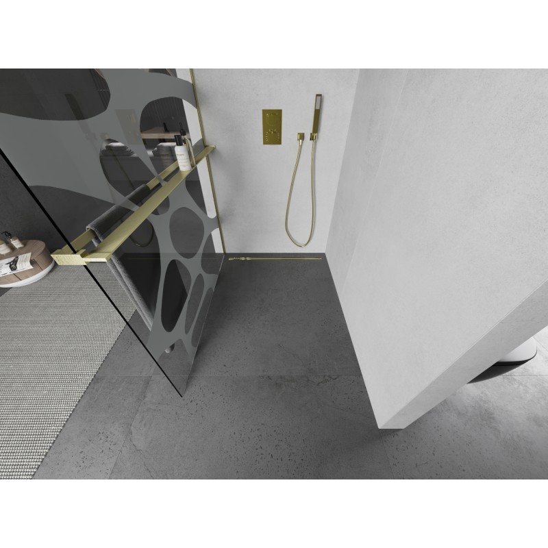 Mexen Kioto+ L ścianka prysznicowa z półką Walk-in 90 x 200 cm, biała fala, złota szczotkowana - 800-090-123-55-97