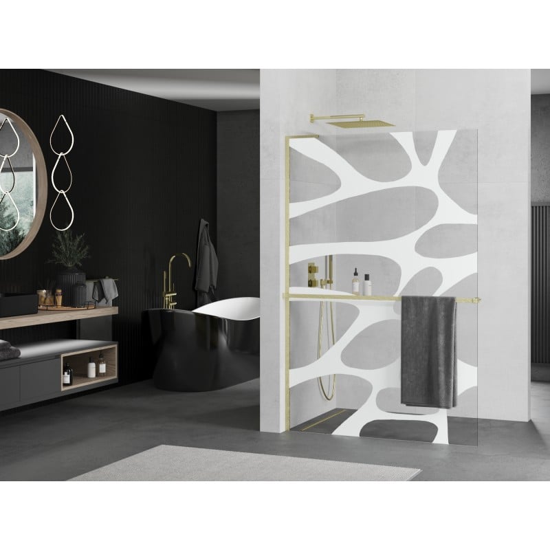 Mexen Kioto+ L ścianka prysznicowa z półką Walk-in 120 x 200 cm, biała fala, złota szczotkowana - 800-120-123-55-97