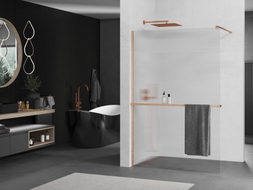 Mexen Kioto+ ścianka prysznicowa z półką Walk-in 90 x 200 cm, prążki, miedź szczotkowana - 800-090-121-65-09