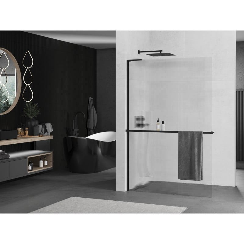 Mexen Kioto+ L ścianka prysznicowa z półką Walk-in 70 x 200 cm, prążki, czarna - 800-070-123-70-09