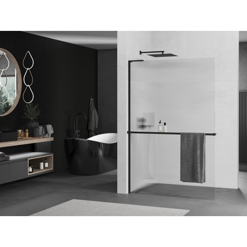 Mexen Kioto+ L ścianka prysznicowa z półką Walk-in 80 x 200 cm, prążki, czarna - 800-080-123-70-09