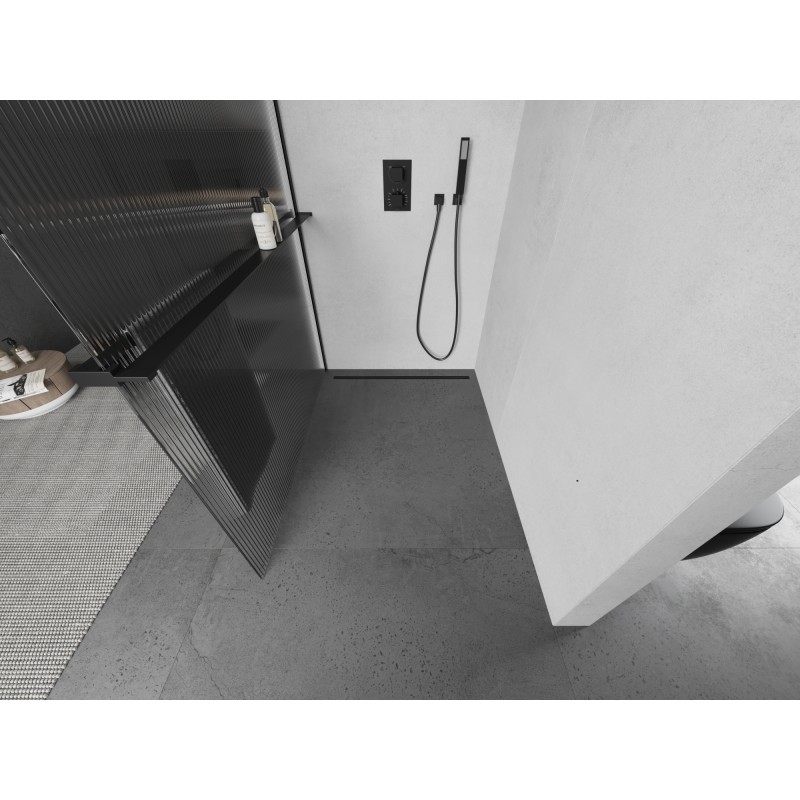 Mexen Kioto+ L ścianka prysznicowa z półką Walk-in 120 x 200 cm, prążki, czarna - 800-120-123-70-09