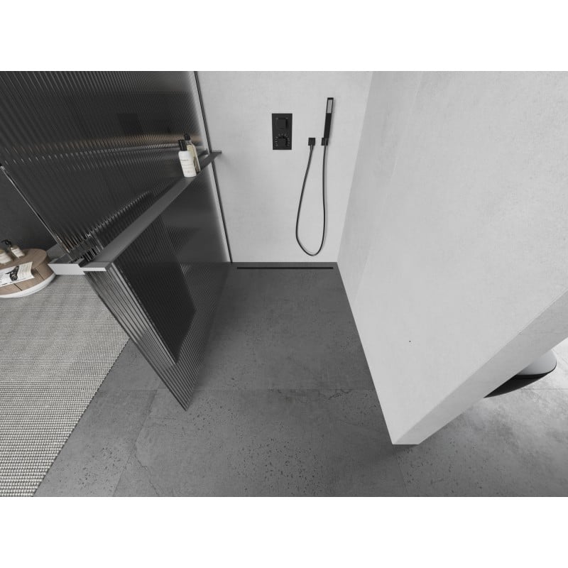 Mexen Kioto+ L ścianka prysznicowa z półką Walk-in 90 x 200 cm, prążki, gun metal - 800-090-123-95-09