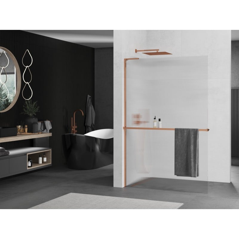 Mexen Kioto+ L ścianka prysznicowa z półką Walk-in 70 x 200 cm, prążki, różowe złoto - 800-070-123-60-09