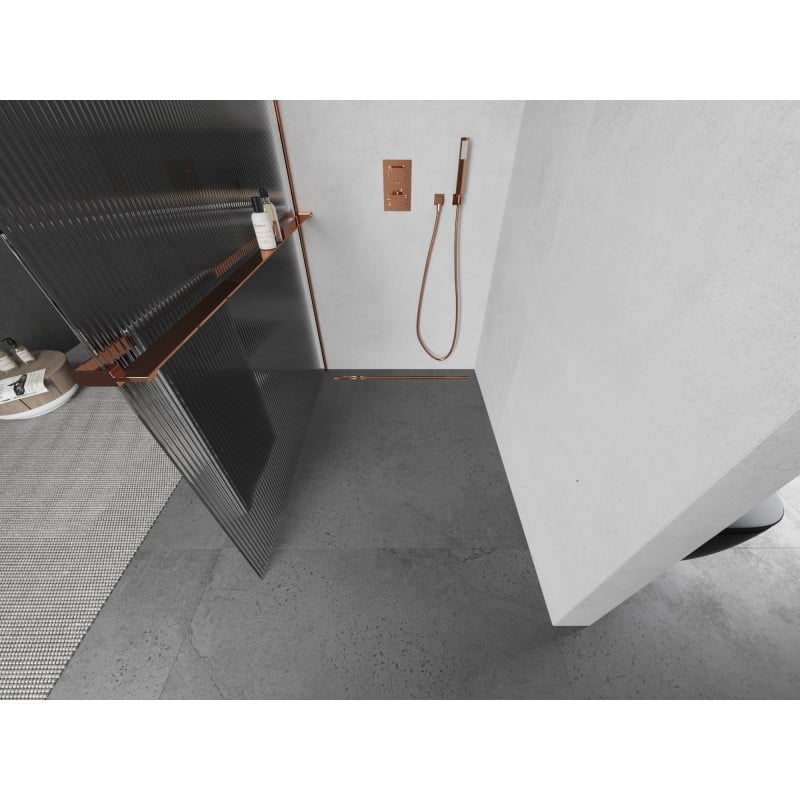 Mexen Kioto+ L ścianka prysznicowa z półką Walk-in 100 x 200 cm, prążki, różowe złoto - 800-100-123-60-09
