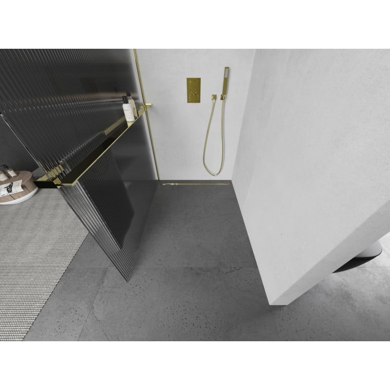 Mexen Kioto+ L ścianka prysznicowa z półką Walk-in 90 x 200 cm, prążki, złota - 800-090-123-50-09