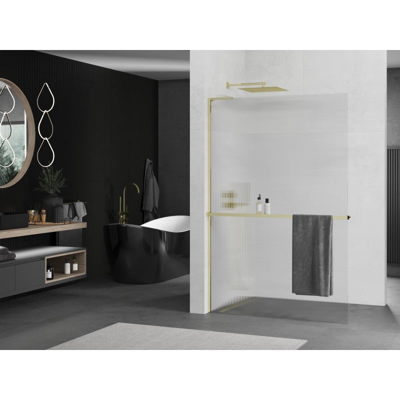 Mexen Kioto+ L ścianka prysznicowa z półką Walk-in 100 x 200 cm, prążki, złota - 800-100-123-50-09