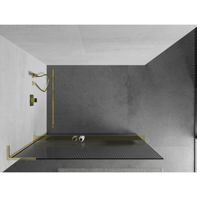 Mexen Kioto+ L ścianka prysznicowa z półką Walk-in 100 x 200 cm, prążki, złota - 800-100-123-50-09