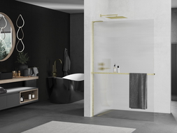 Mexen Kioto+ L ścianka prysznicowa z półką Walk-in 110 x 200 cm, prążki, złota szczotkowana - 800-110-123-55-09