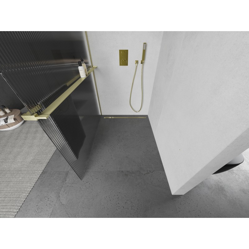 Mexen Kioto+ L ścianka prysznicowa z półką Walk-in 120 x 200 cm, prążki, złota szczotkowana - 800-120-123-55-09