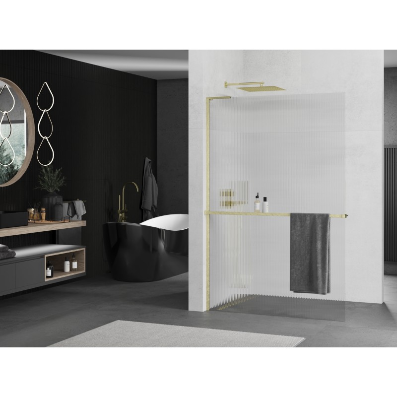 Mexen Kioto+ L ścianka prysznicowa z półką Walk-in 120 x 200 cm, prążki, złota szczotkowana - 800-120-123-55-09