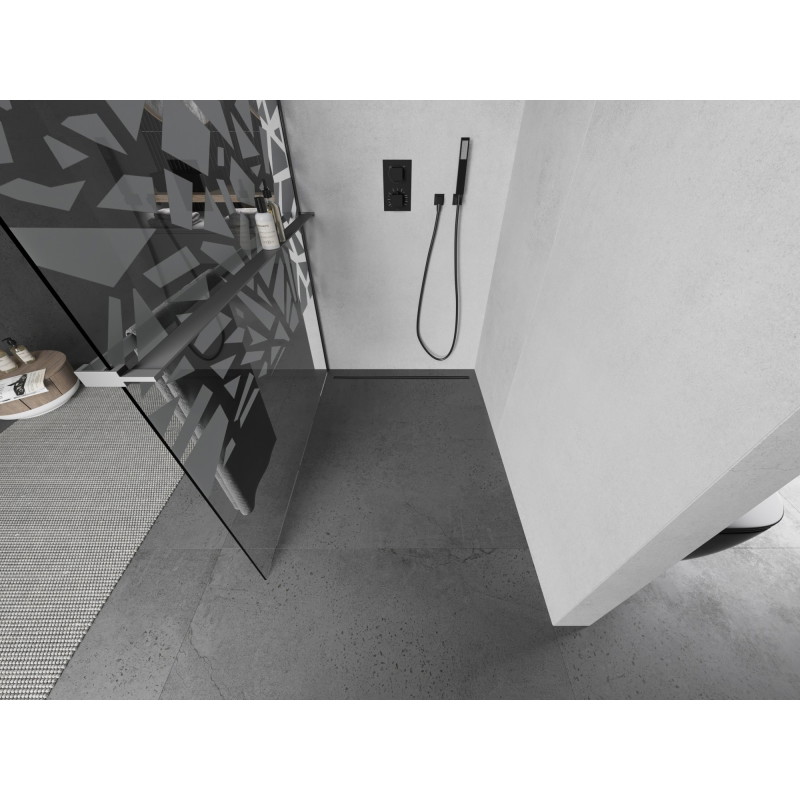 Mexen Kioto+ L ścianka prysznicowa z półką Walk-in 90 x 200 cm, biały wzór, gun metal - 800-090-123-95-85