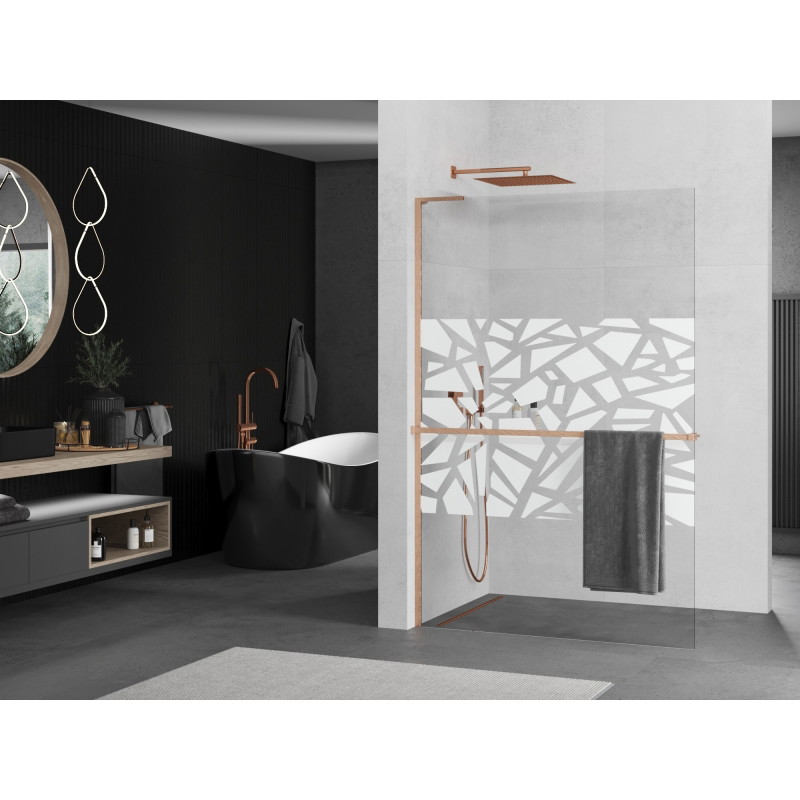Mexen Kioto+ L ścianka prysznicowa z półką Walk-in 90 x 200 cm, biały wzór, miedź szczotkowana - 800-090-123-65-85