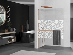 Mexen Kioto+ L ścianka prysznicowa z półką Walk-in 100 x 200 cm, biały wzór, miedź szczotkowana - 800-100-123-65-85